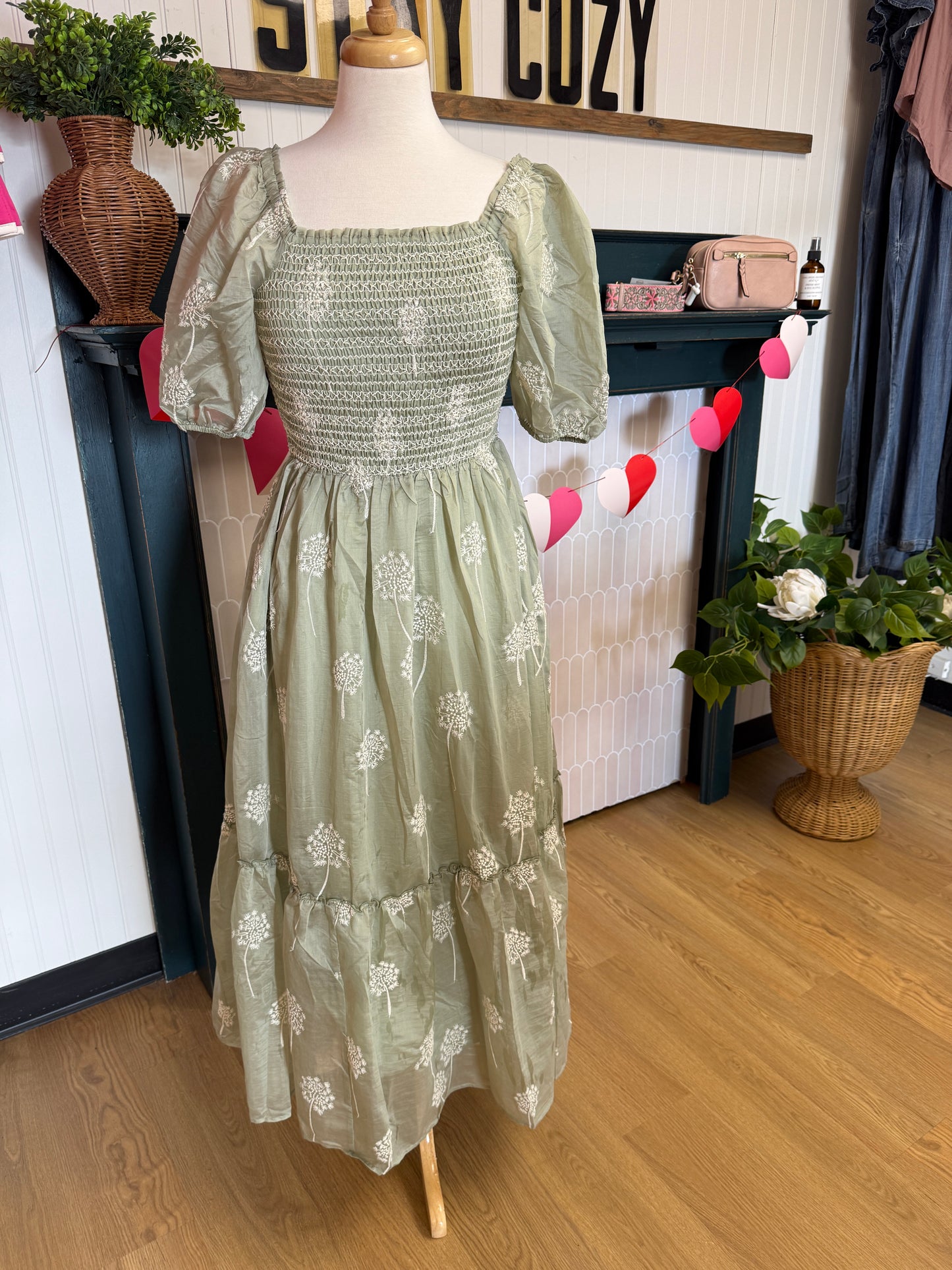 Embroidered Smocked Maxi Dress - Fern