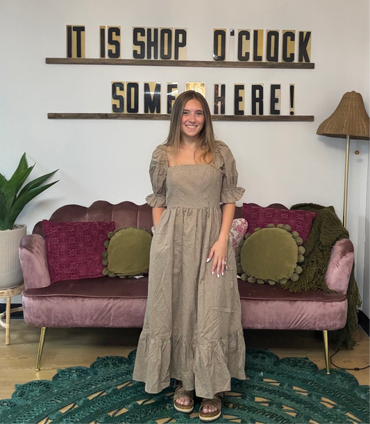 Mocha Gingham Square Neck Dress