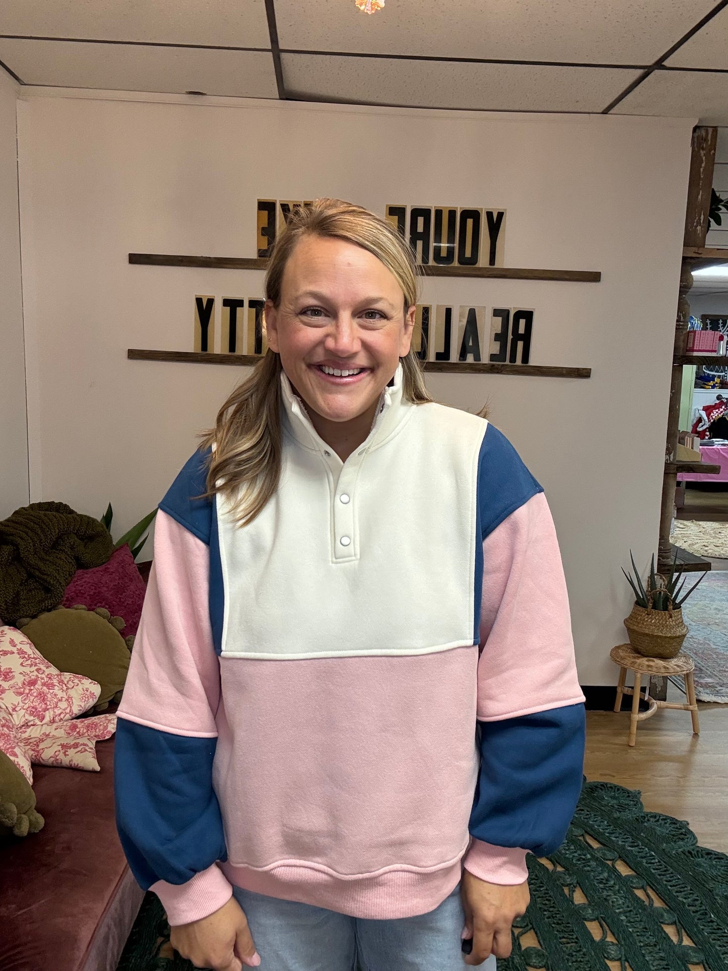 Collared Colorblock Pullover Sweatshirt - Pink Blue