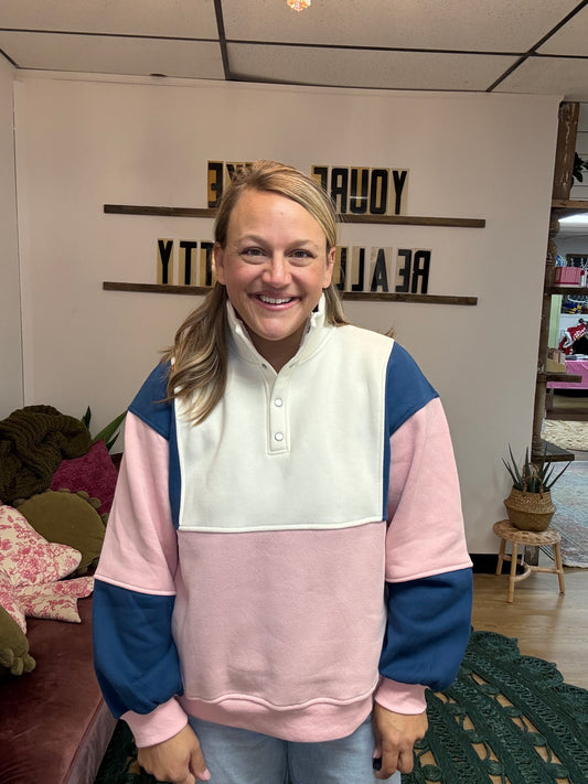 Collared Colorblock Pullover Sweatshirt - Pink Blue