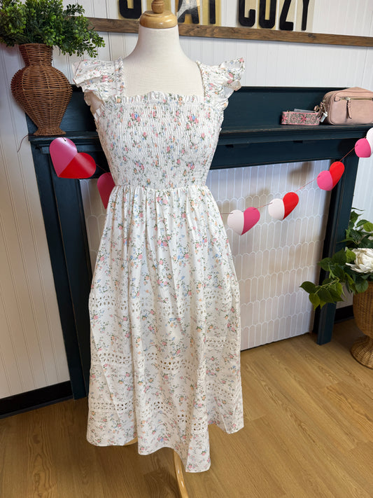 Spring Floral Smocked Maxi Dress - Ivory