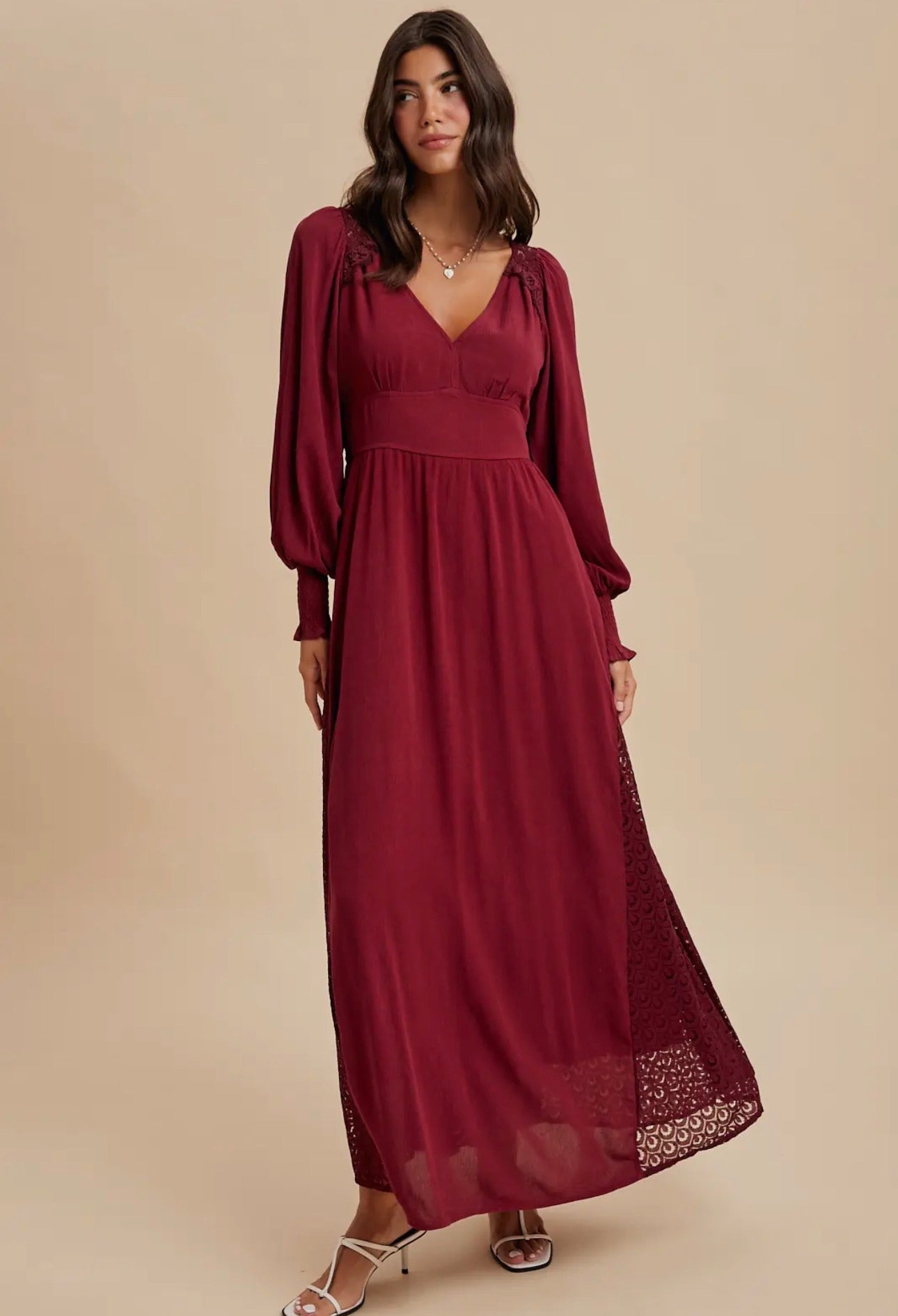 Lace V Neck Maxi Dress - Wine - now 50% off!