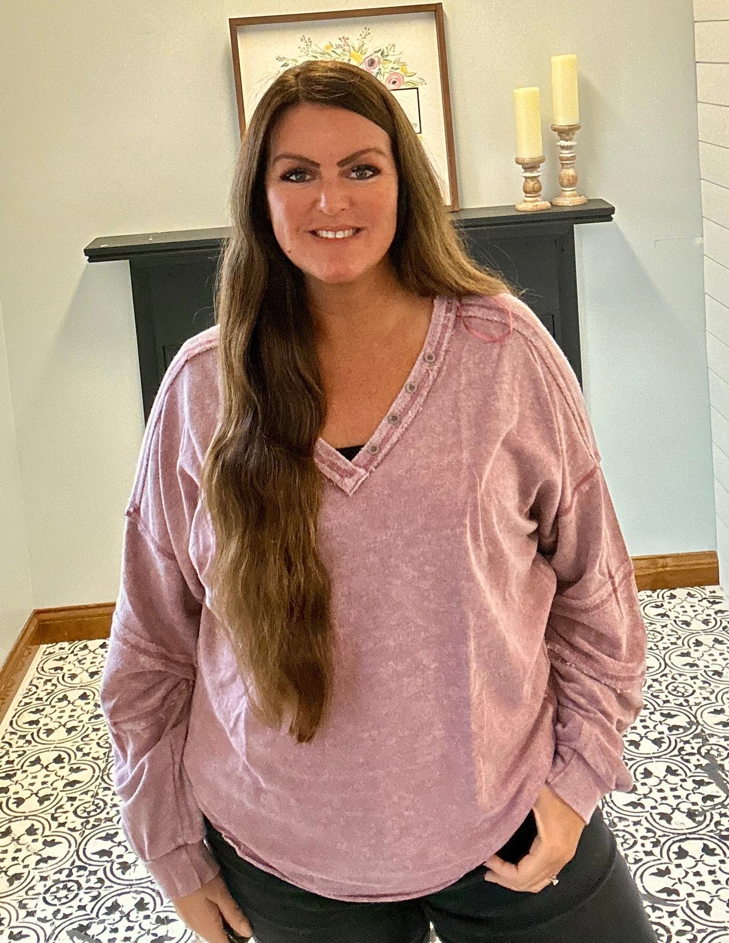 Ruthie Button V-Neck - Mauve