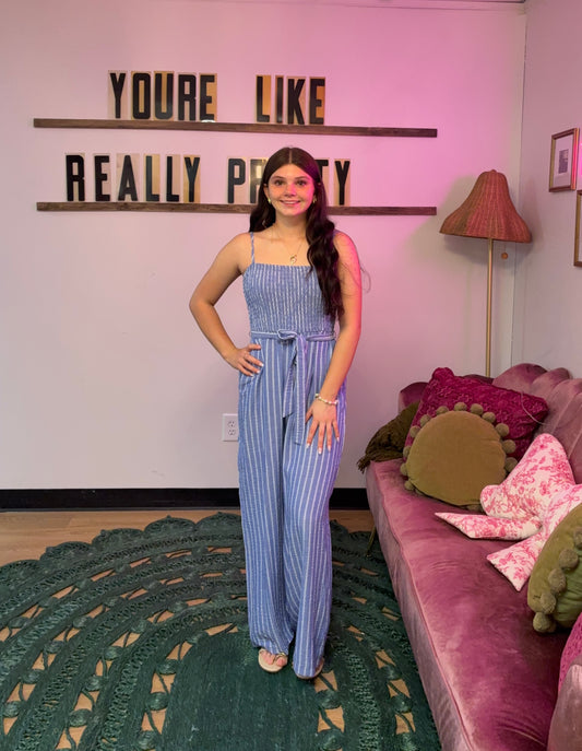 Stripe Smocked Wide Leg Jumpsuit - Blue