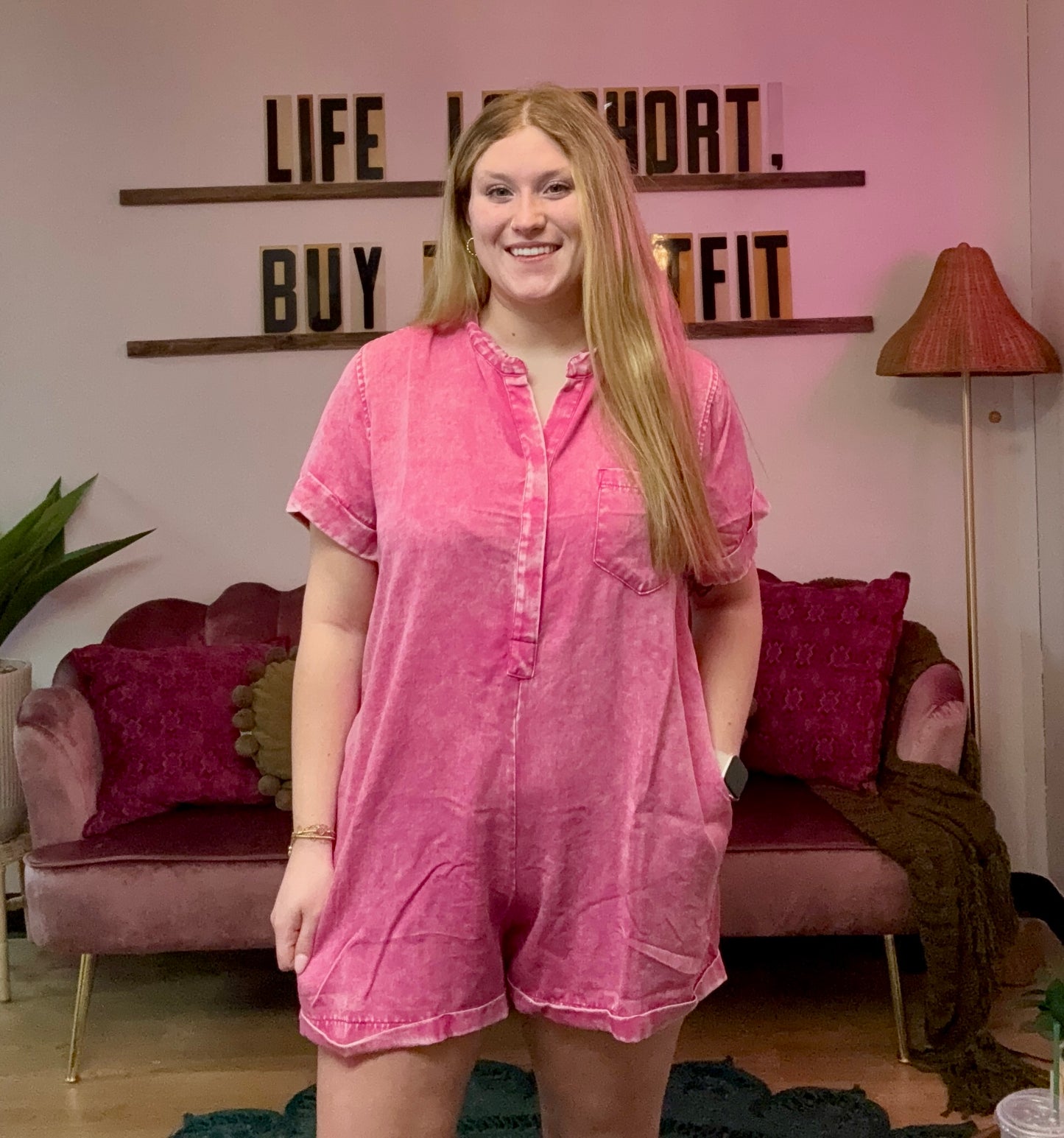 Natasha Acid Wash Romper - Hot Pink
