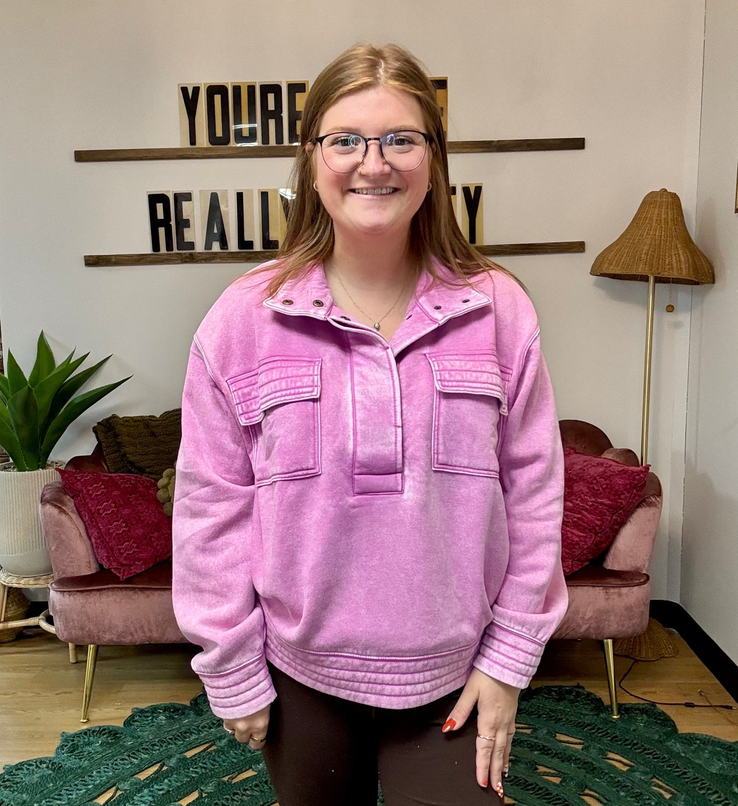 Acid Wash Half Snap Button Fleece - Mauve