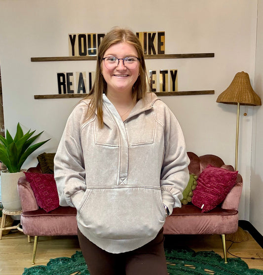 Washed Fleece 1/4 Zip Hoodie - Tan