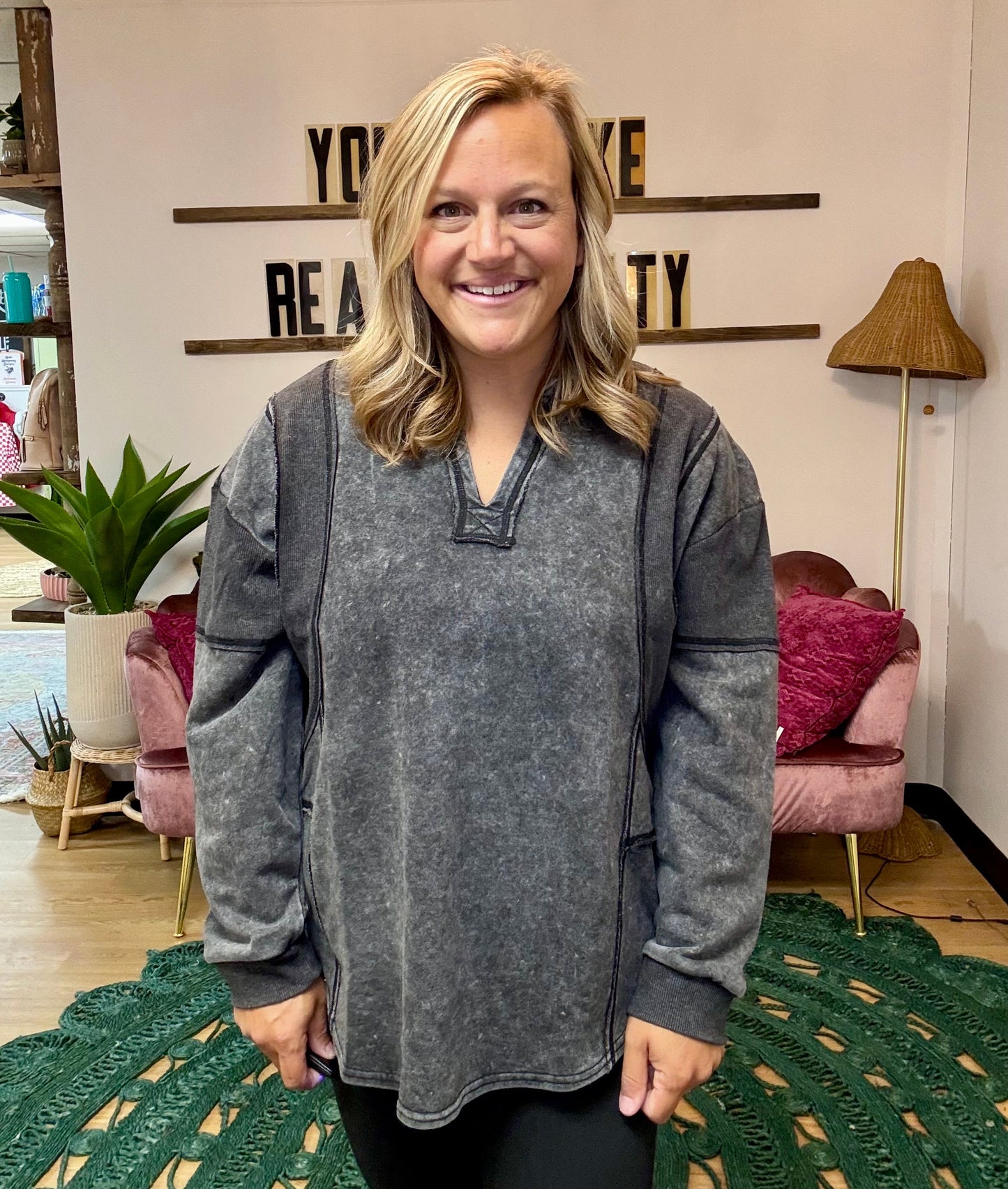 Acid Wash Collared Pullover - Black