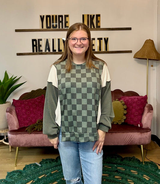 Checkered Print Pullover - Olive