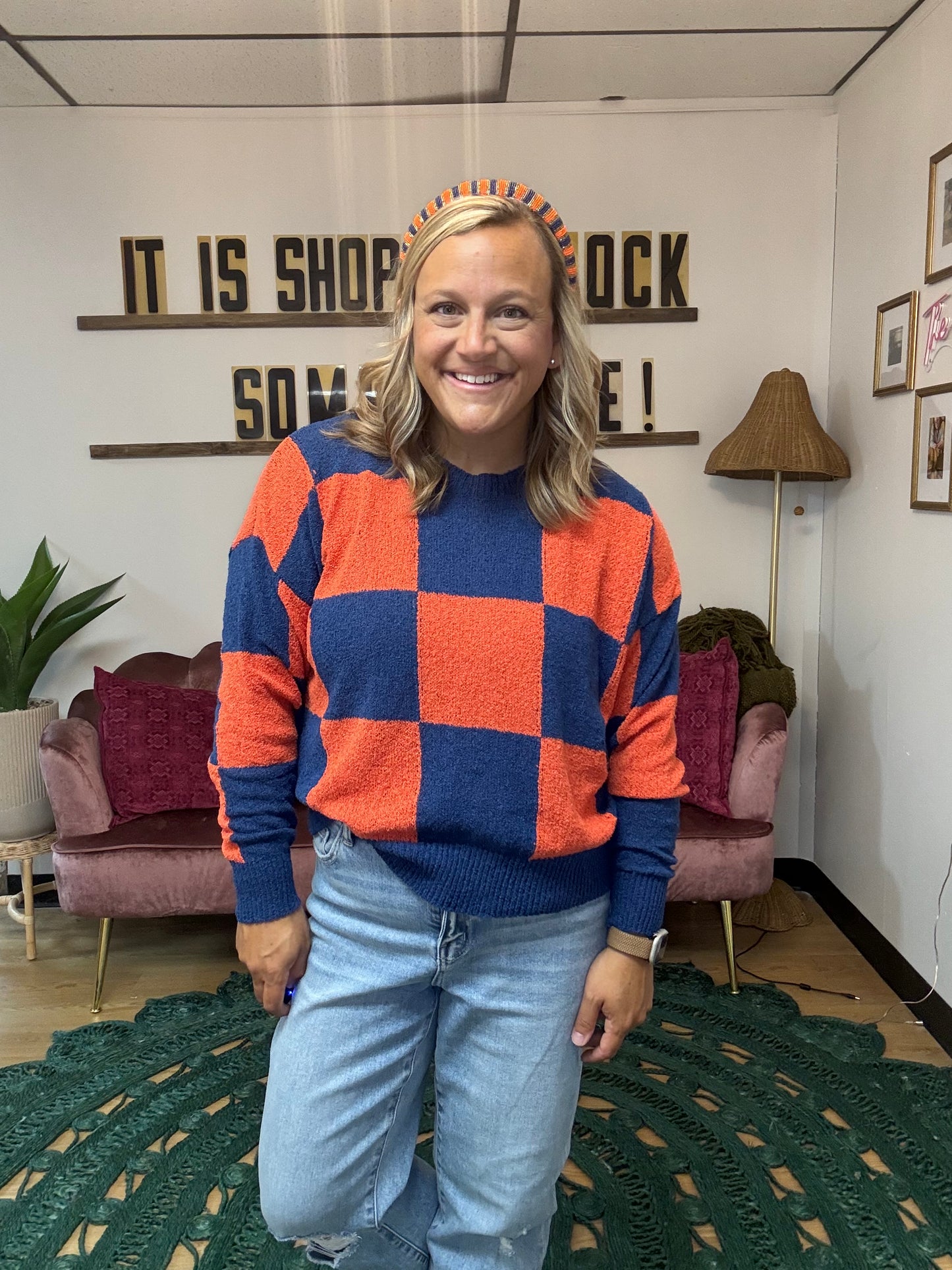 Orange & Navy Checkered Sweater
