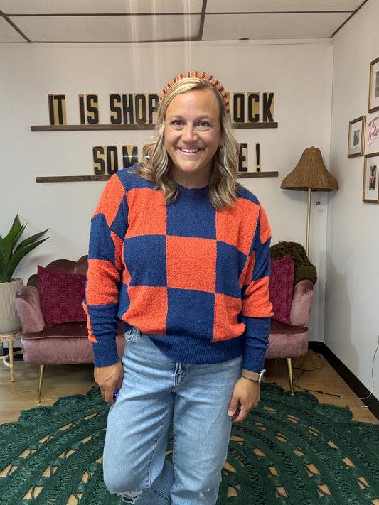Orange & Navy Checkered Sweater