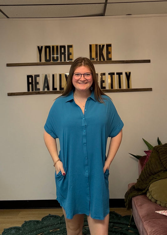 Dolman Short Sleeve Shirt Dress - Peacock