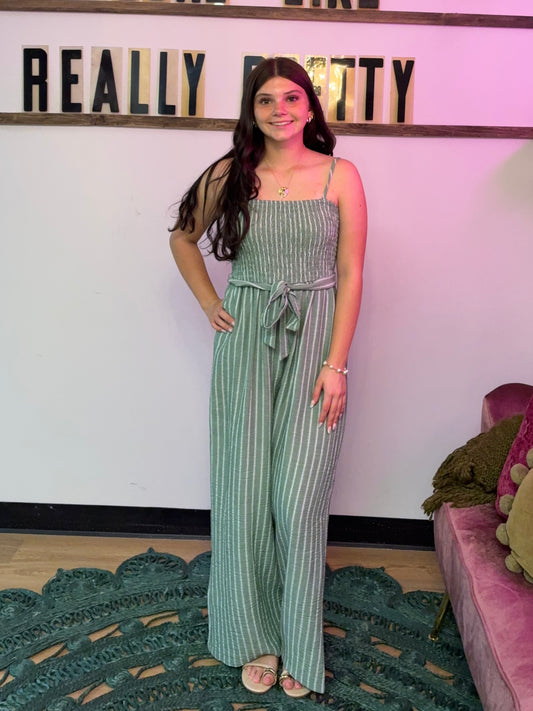 Stripe Smocked Wide Leg Jumpsuit - Green