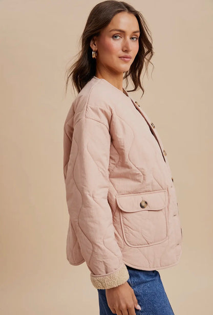 Quilted Sherpa Lined Puffer Jacket - Rose