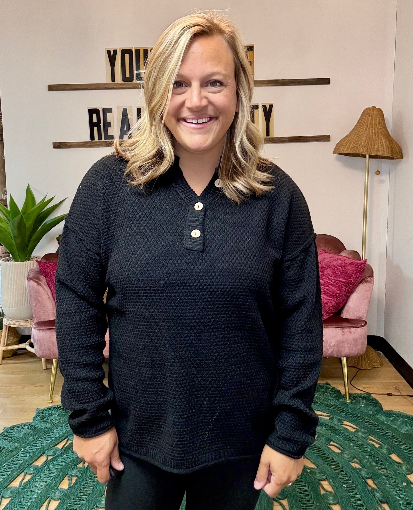 Button Henley Sweater Top - Black