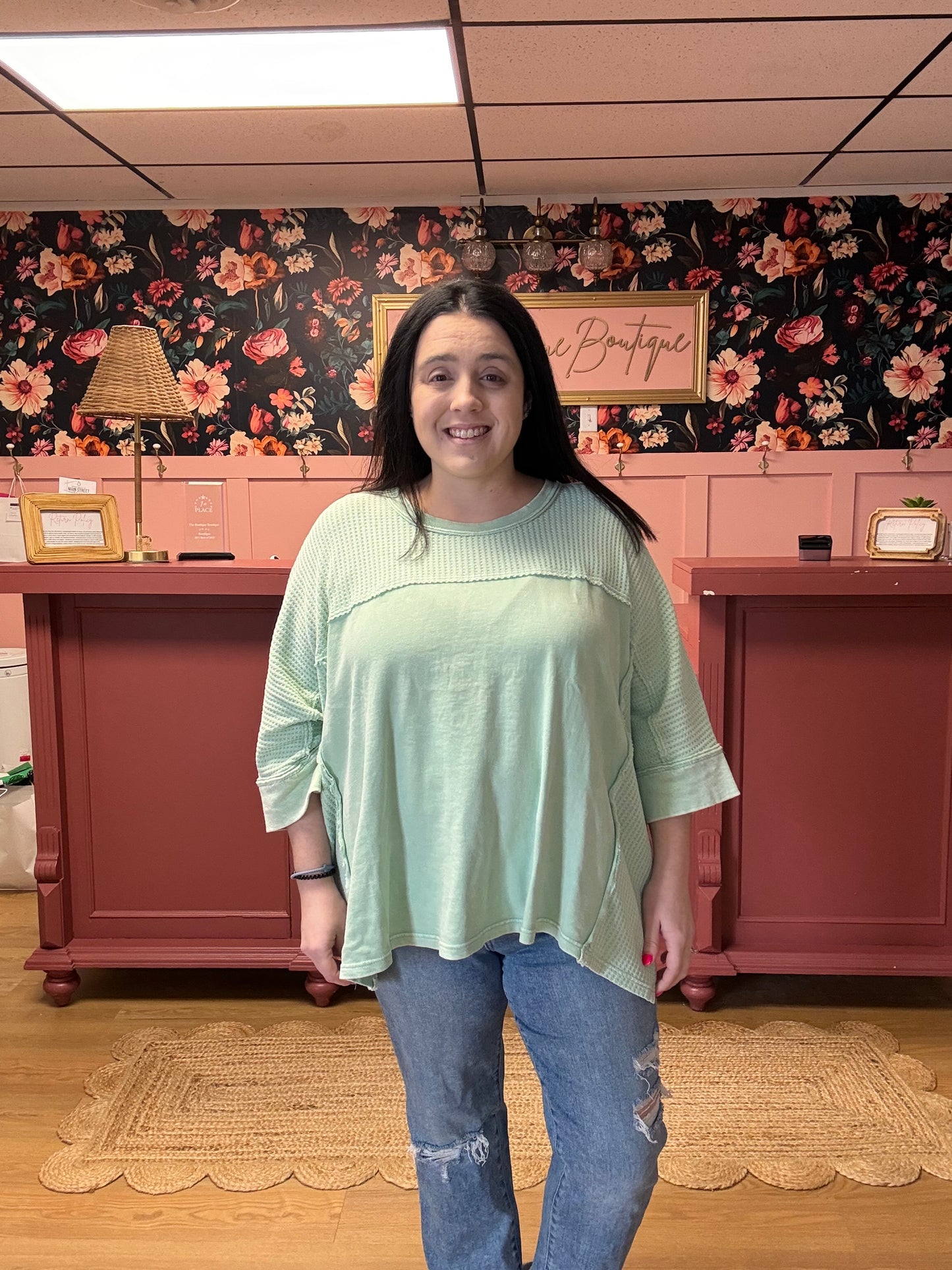 3/4 Sleeve Sage Waffle Top