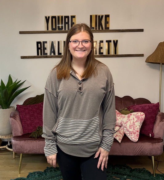 Stripe Button Neckline Hoodie - Vintage Acorn