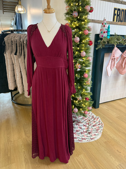 Lace V Neck Maxi Dress - Wine - now 50% off!