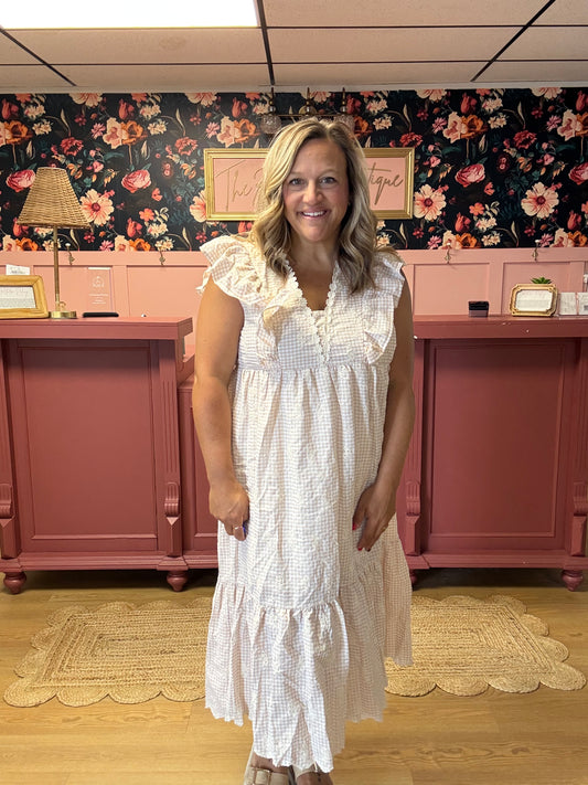 Gingham Print Floral Embroidery Dress