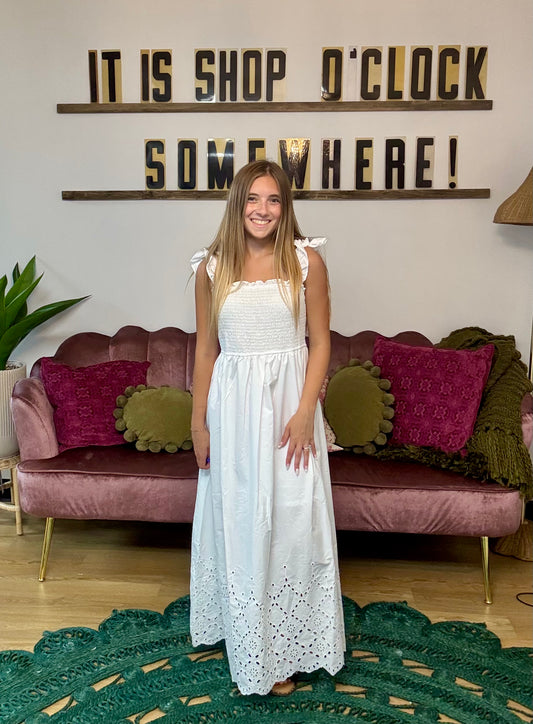 Kendall White Eylelet Smocked Maxi Dress