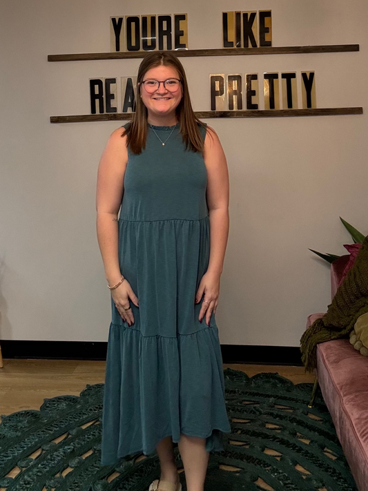 Ruffle Mock Neck Midi Dress - Blue Jade