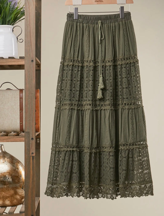 Daphne Elastic Waist Lace Maxi Skirt - Olive