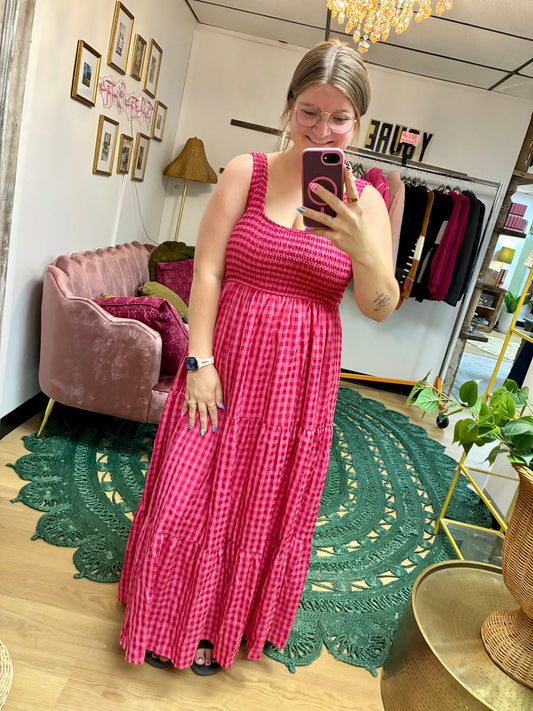 Smocked Gingham Maxi Dress - Fushcia