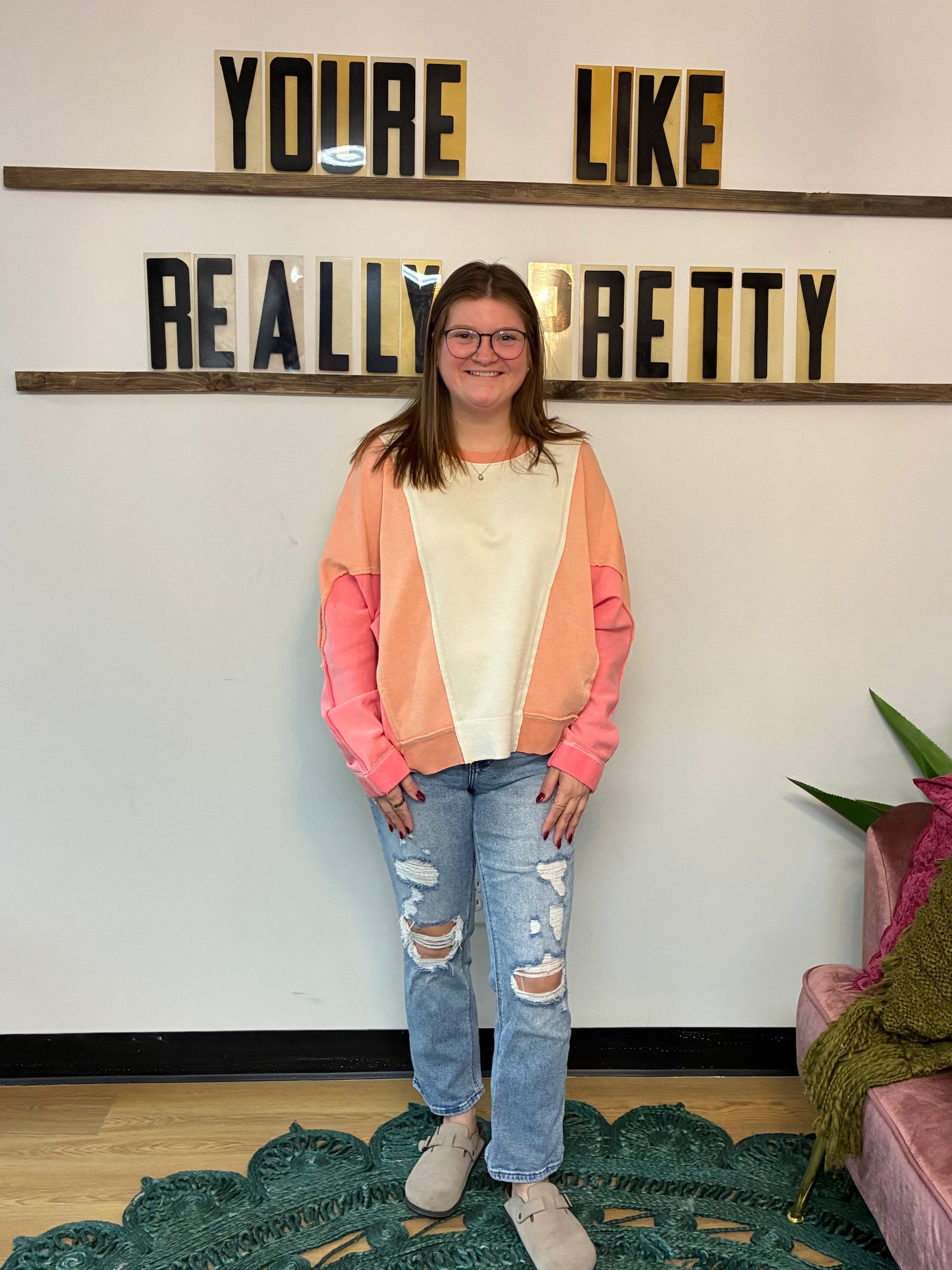 Mineral Wash Color Block Pullover - Coral