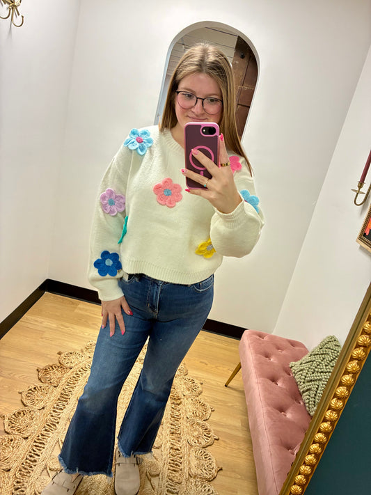 Cozy Floral Knit Sweater - Ivory
