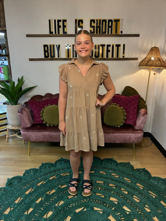 Charlotte Taupe Embroidered Bow Dress