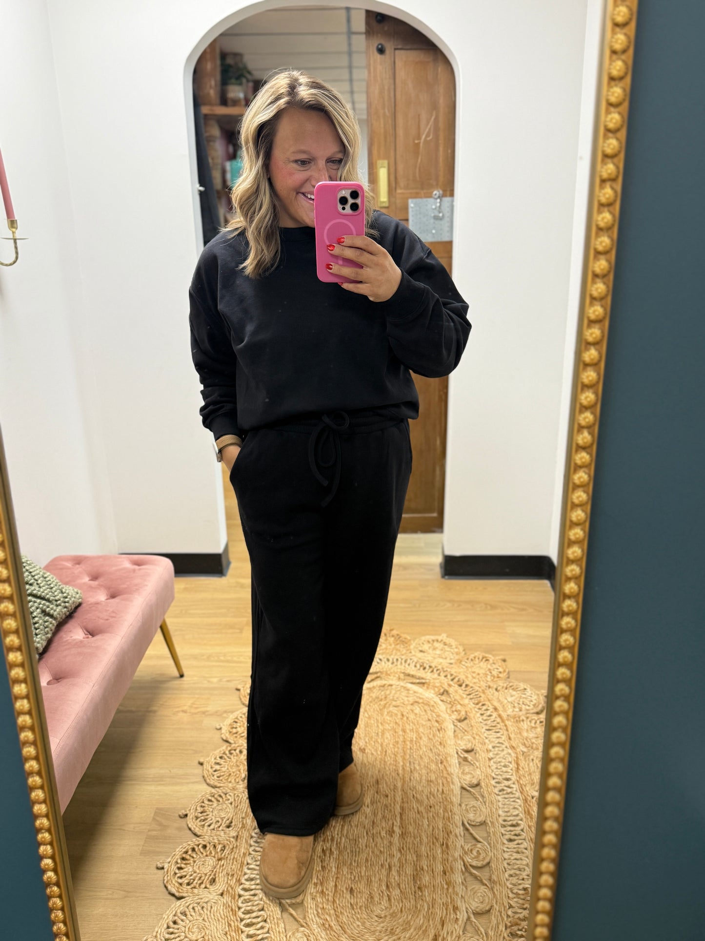 Fleece Top and Sweatpants Set - Black