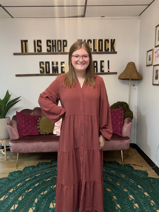 Collar Button Down Tiered Maxi Dress - Rust