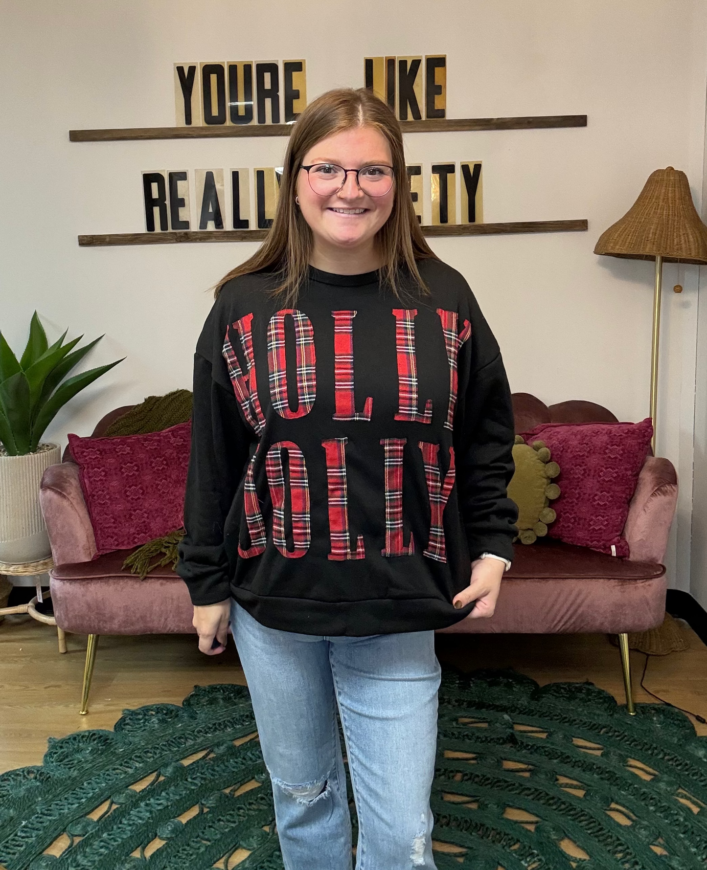 Holly Jolly Applique Crewneck - Black