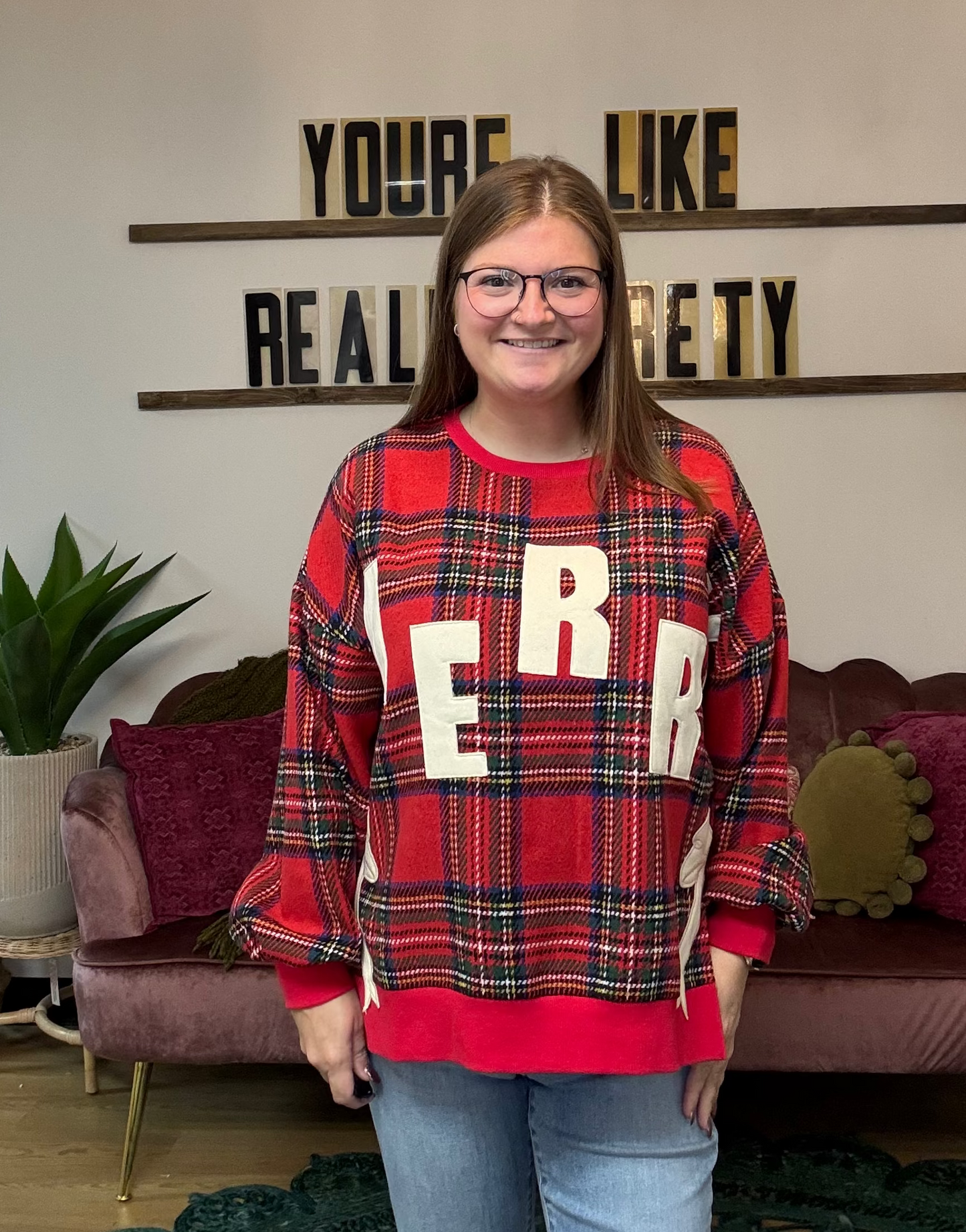 Merry Christmas Plaid Sweatshirt w/side bows