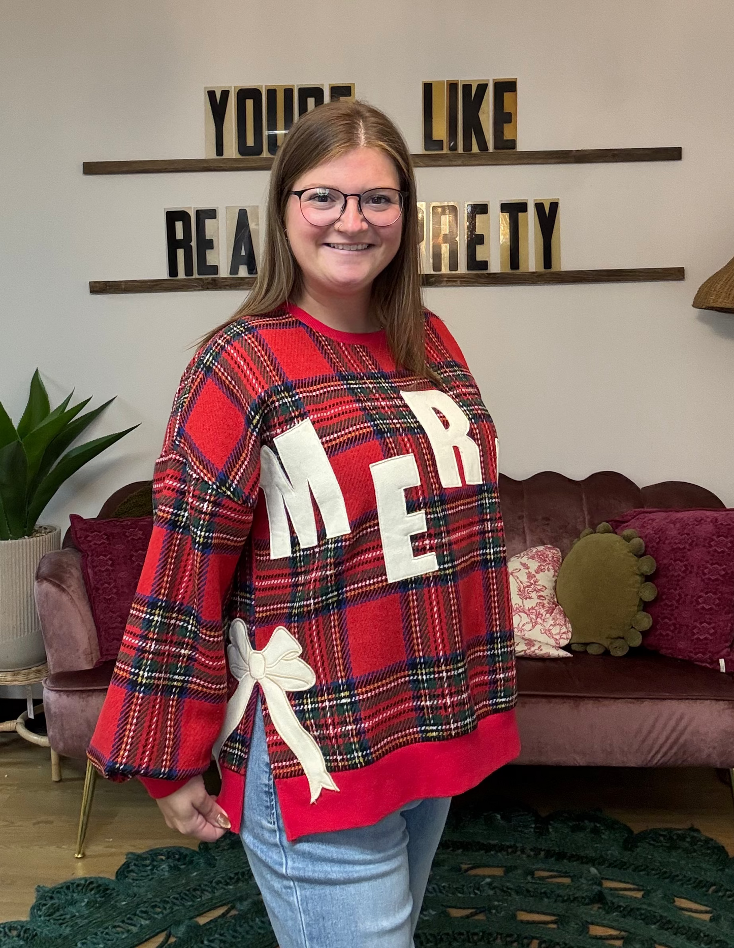 Merry Christmas Plaid Sweatshirt w/side bows