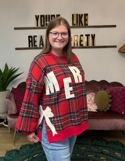 Merry Christmas Plaid Sweatshirt w/side bows