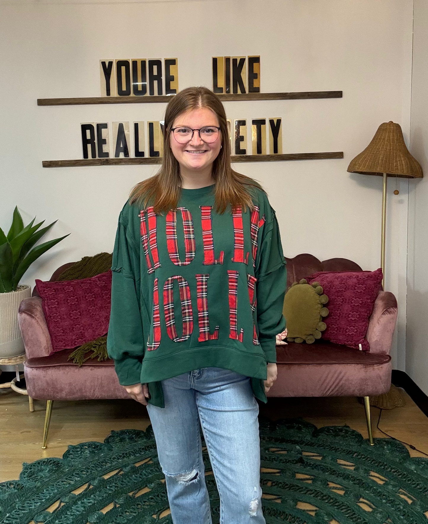 Holly Jolly Applique Crewneck - Hunter