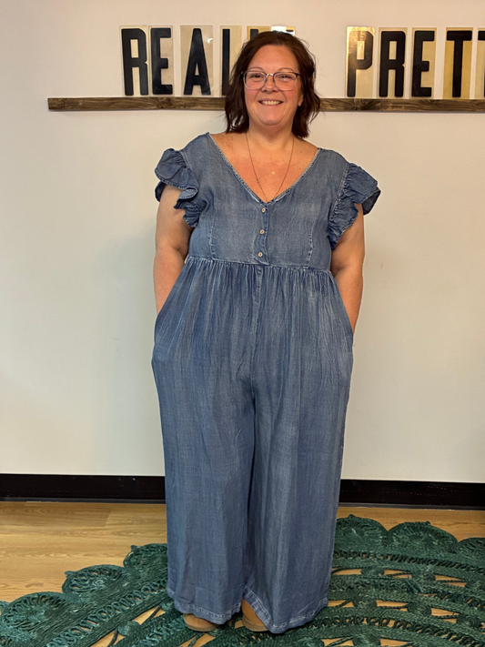 Washed Chambray Ruffle Sleeve Wide Leg Jumpsuit