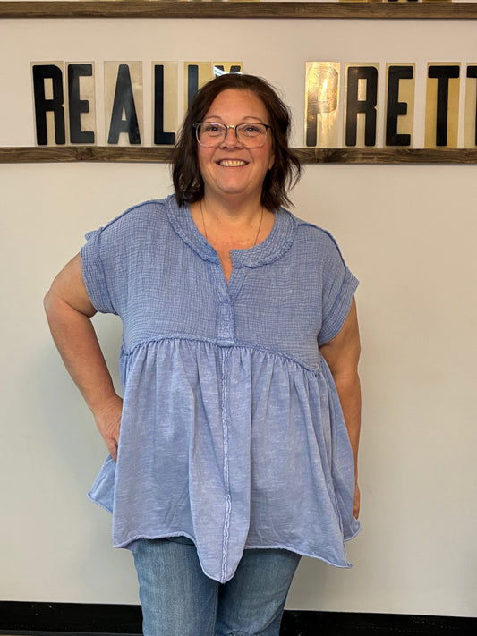 Mineral Wash Babydoll Short Sleeve Top - Lt Blue