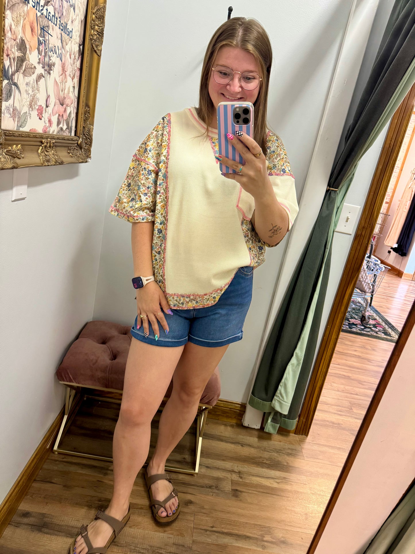 Oversized Floral Thermal Knit Top - Oatmeal