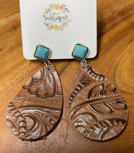 Handtooled leather & Turquoise Earrings